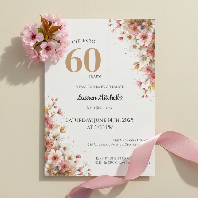 Convite 60th Birthday Invitation Elegant Gold Floral Style (Elegant gold floral watercolor 60th birthday invitation design)