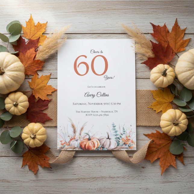 Convite 60th Birthday Invitation Pumpkin Floral Fall (Pumpkin floral fall watercolor 60th birthday invitation design)