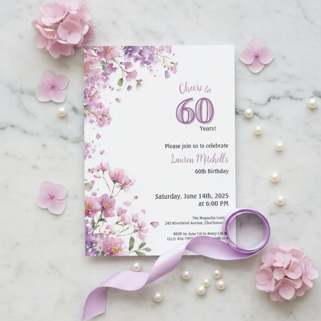 Convite 60th Birthday Invitation Purple Floral Elegant (Purple floral watercolor 60th birthday invitation with elegant feminine design)