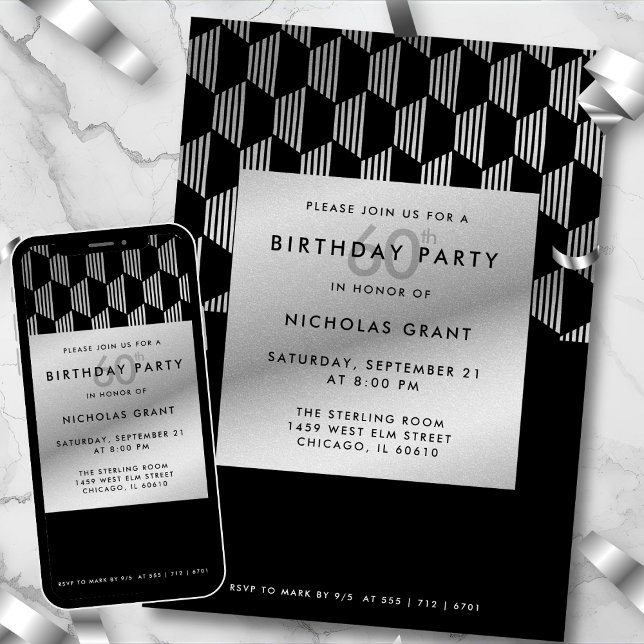 Convite 60th Birthday Modern Black Faux Silver Foil (Criador carregado)