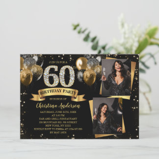 Convite 60th Birthday Modern Gold Glitter Balloons 2 Photo