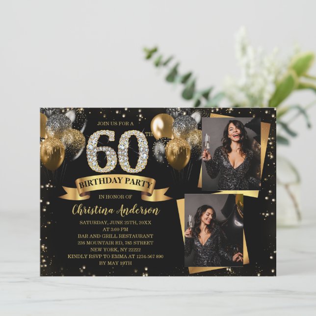 Convite 60th Birthday Modern Gold Glitter Balloons 2 Photo (Em pé/Frente)