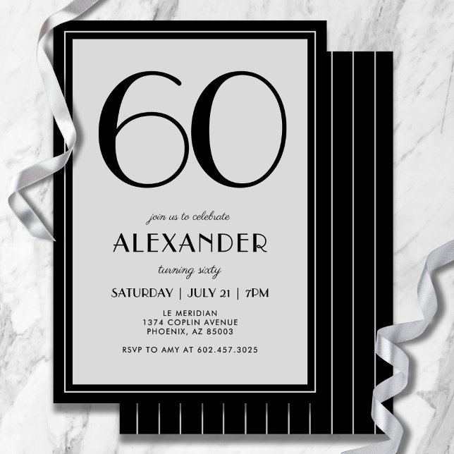 Convite 60th Birthday Modern Minimalist Mens Black Gray (Modern black and light gray design—minimal, bold, and effortlessly stylish.)