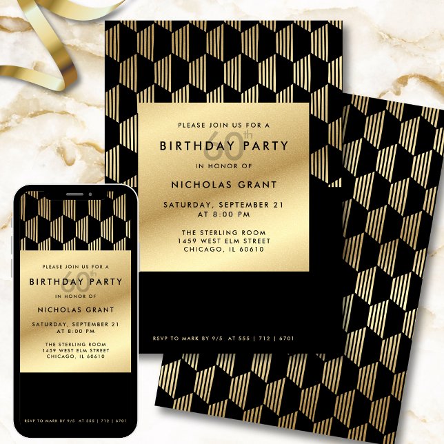 Convite 60th Birthday Party Modern Black and Gold Foil (Criador carregado)
