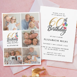 Convite 60th Birthday Photo Collage Gold Script Typography