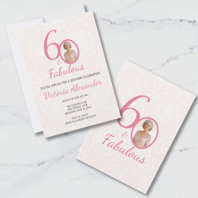 Convite 60th Birthday Pink Floral Photo Celebration (60th Birthday Pink Floral Photo Celebration Invitation)