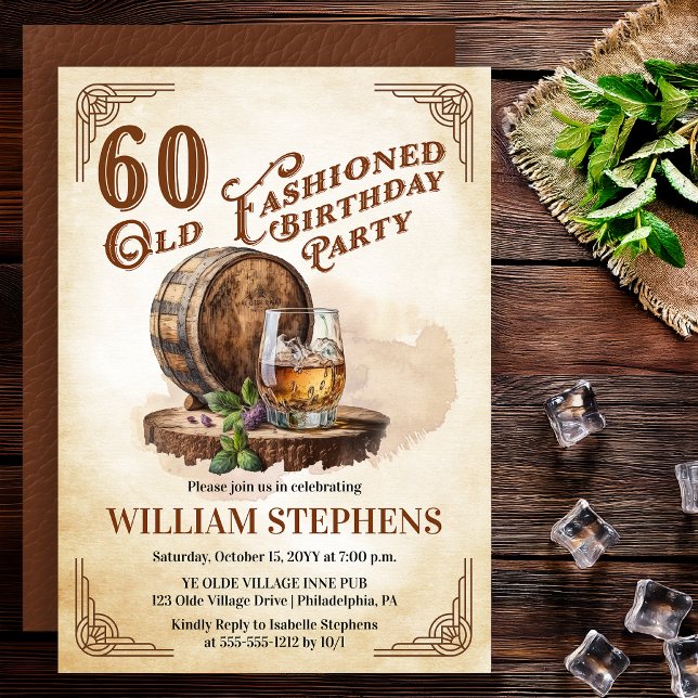 Convite 60th Old Fashioned Whiskey Barrel Birthday Party (Old Fashioned whiskey barrel 60th birthday invitation vintage masculine style)