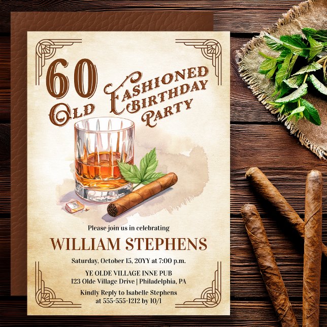 Convite 60th Old Fashioned Whiskey Cigar Birthday Party (Old Fashioned whiskey 60th birthday invitation with vintage masculine style)