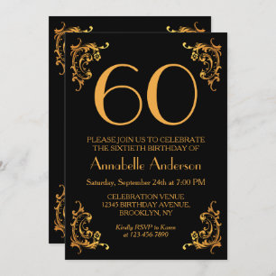 Convite 60th Vintage preto Dourado moderno Glam do