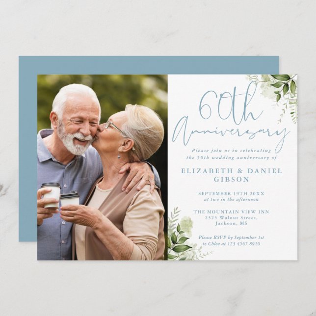 Convite 60th Wedding Anniversary Greenery Floral Photo (Frente/Verso)