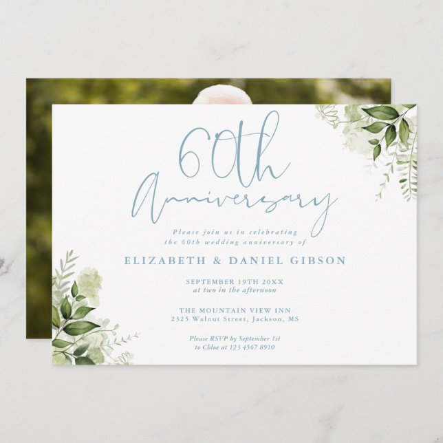 Convite 60th Wedding Anniversary Greenery Floral Photo (Frente/Verso)