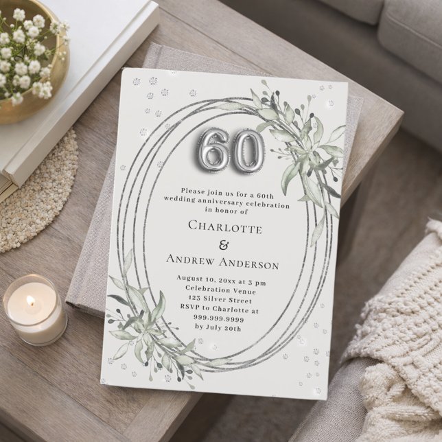 Convite 60th wedding anniversary pearl gray greenery (Criador carregado)