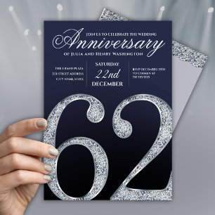 Convite 62º Aniversário Diamante Prata Azul-Marinho Modern