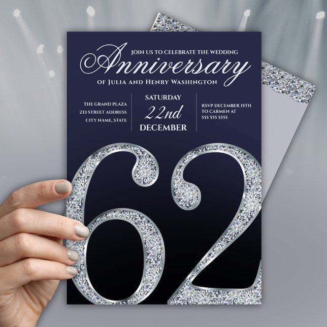 Convite 62nd Anniversary Diamond Silver Navy Blue Modern (Criador carregado)