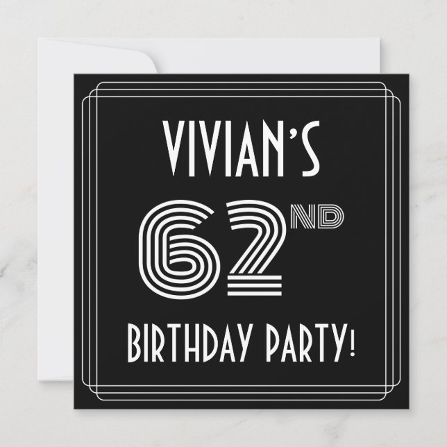 Convite 62nd Birthday Party: Art Deco Style w/ Custom Name (Frente)