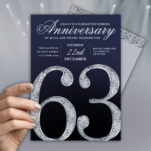 Convite 63º Aniversário Diamante Prata Azul Marinho Modern
