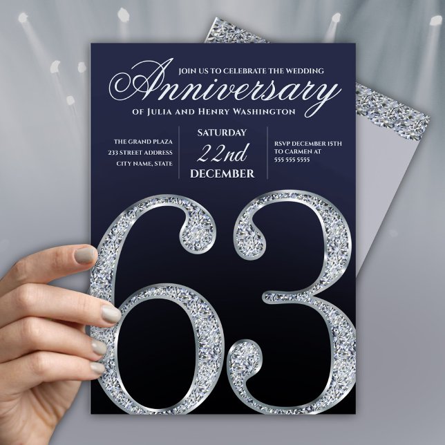 Convite 63rd Anniversary Diamond Silver Navy Blue Modern (Criador carregado)