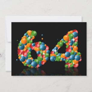 Convite 64ª Festa de aniversário, com bolhas e bolas