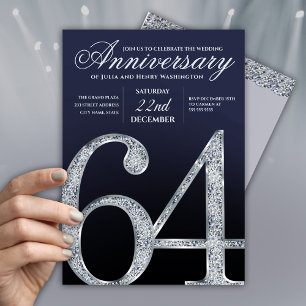 Convite 64º Aniversário Diamante Prata Azul Marinho Modern