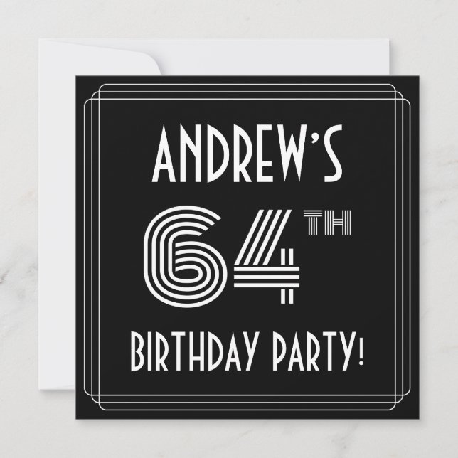 Convite 64th Birthday Party: Art Deco Style w/ Custom Name (Frente)