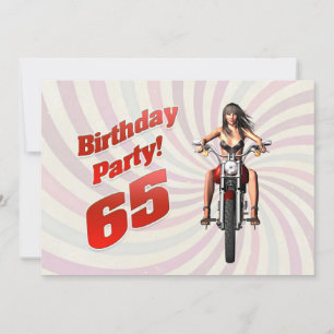 Convite 65ª festa de aniversário com uma garota em uma mot