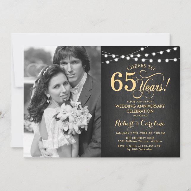 Convite 65º Aniversário com Foto - Quadro Negro e Dourado (Frente)