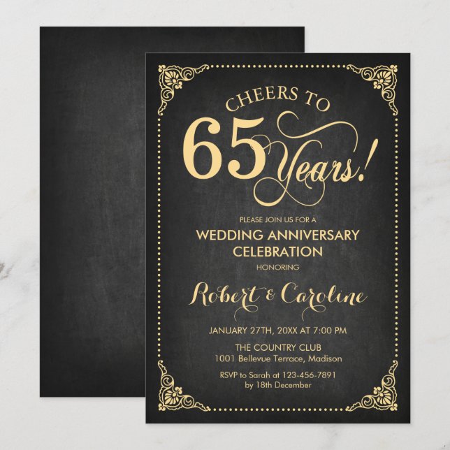 Convite 65º Aniversário de Casamento - Quadro Negro Dourad (Frente/Verso)