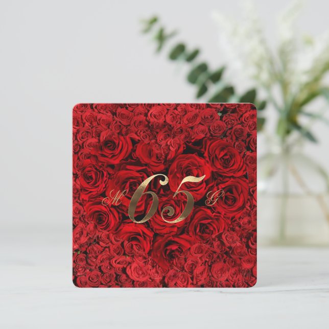 Convite 65º Aniversário de Casamento Rosas Vermelhas Coraç (Em pé/Frente)
