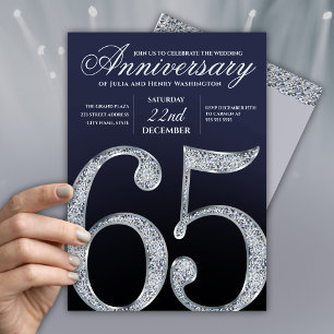 Convite 65º Aniversário Diamante Prata Azul Marinho Modern