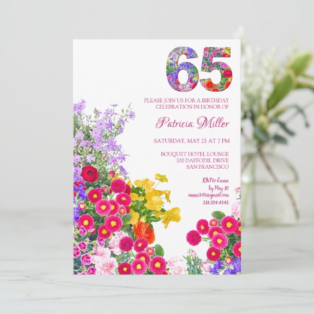 Convite 65 anos de Elegant Garden Floral - 65.º aniversári (Em pé/Frente)