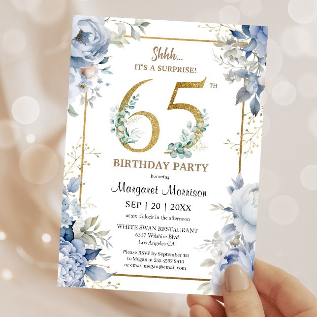 Convite 65th Birthday Party Elegant Dusty Blue Floral (Criador carregado)