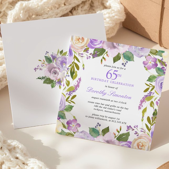 Convite 65th Birthday Pretty Purple Floral Invitation (Criador carregado)