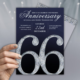Convite 66º Aniversário Diamante Prata Azul Marinho Modern