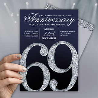 Convite 69º Aniversário Diamante Prata Azul Marinho Modern