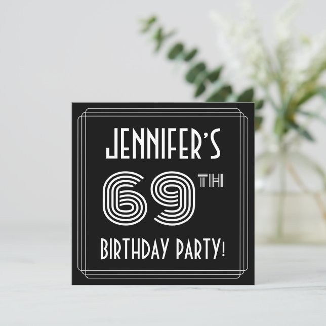 Convite 69th Birthday Party: Art Deco Style w/ Custom Name (Em pé/Frente)