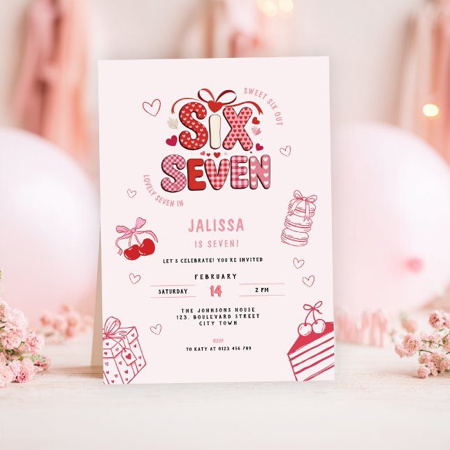 Convite 6 7 Birthday for Girls, Pink 7th Kids Party  (pink 6 7 kids girl's birthday party invitation)