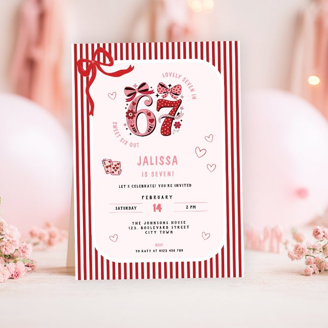 Convite 6 7 Birthday for Girls, Pink Kids 7th Birthday (pink 6 7 kids girl's birthday party invitation)