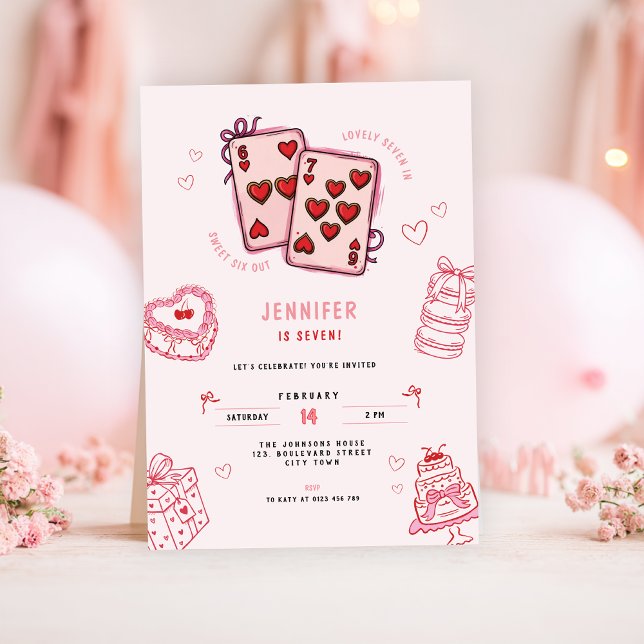 Convite 6 7 Birthday for Girls, Pink Six Seven Kids Party  (pink 6 7 kids girl's birthday party invitation)