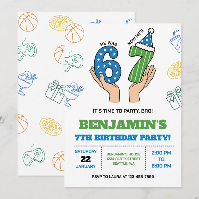 Convite 6-7 Birthday Invitation for Boys, Six Seven Meme (Frente/Verso)