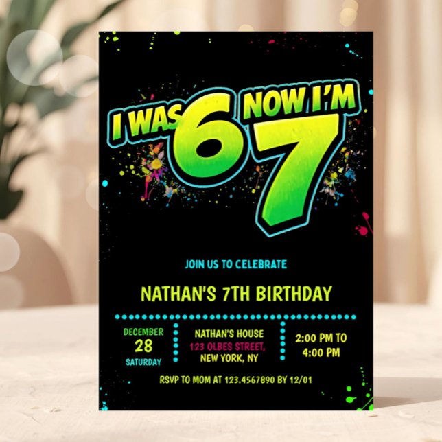 Convite 6 7 Boy Neon Six Seven Birthday Graffiti (7th birthday invitation, neon birthday invite, graffiti birthday invitation, glow party invite, I wa)