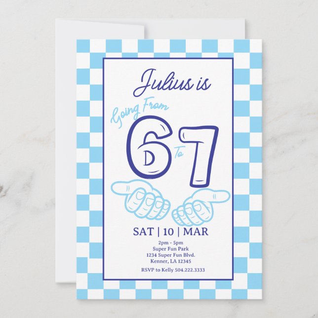 Convite 6 7 Meme Birthday Blue Checkerboard Invitation (Frente)