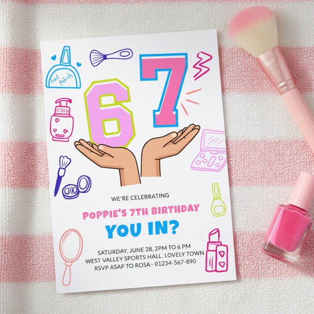 Convite 6 7 Meme Makeup Doodle Art Girl Birthday (Girls spa or beauty pamper party with 6 7 numbers in hands meme)
