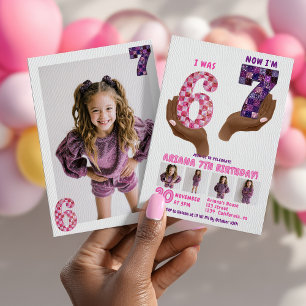 Convite 6 7 Meme Retro Rosa Roxo Xadrez Aniversário Infant