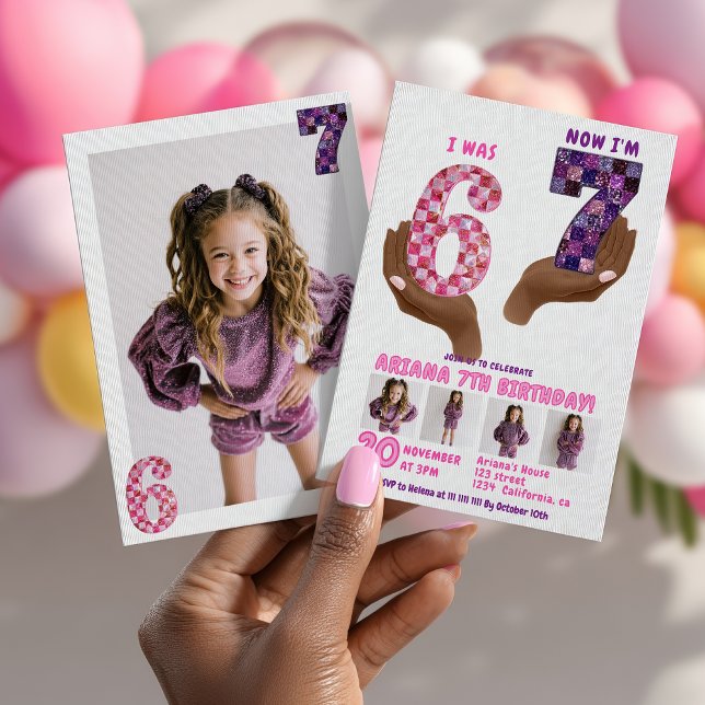 Convite 6 7 Meme Retro Rosa Roxo Xadrez Aniversário Infant (6 7 Meme Retro Pink Purple Checker Kids Birthday Invitation)