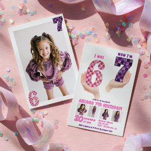Convite 6 7 Meme Retro Rosa Roxo Xadrez Aniversário Infant