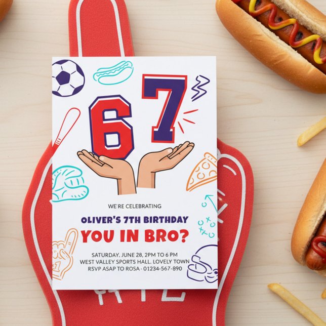 Convite 6 7 Meme Sport Red Blue Boy Birthday Invitation (Red white and blue sport birthday invite with 6 7 numbers in hands meme.)