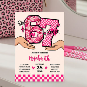 Convite 6 7 Meme Varsity Leopard Xadrez Menina Festa