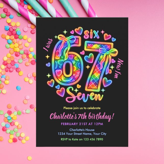 Convite 6 7 Seis Sete Meme Neon Arco-íris Brilho Menina An (Criador carregado)