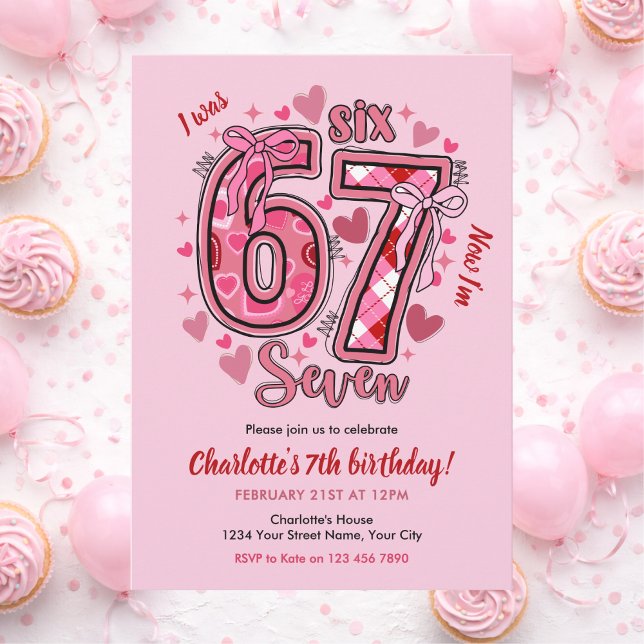 Convite 6 7 Six Seven Meme Trend Pink Girl 7th Birthday (Criador carregado)