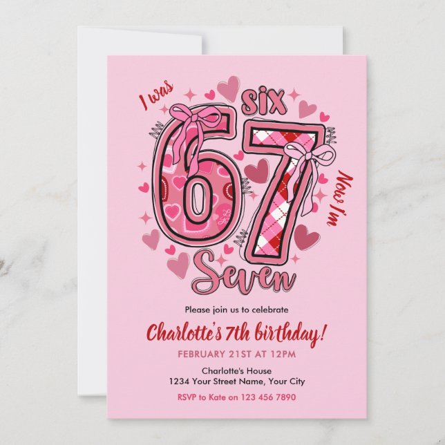 Convite 6 7 Six Seven Meme Trend Pink Girls 7th Birthday (Frente)